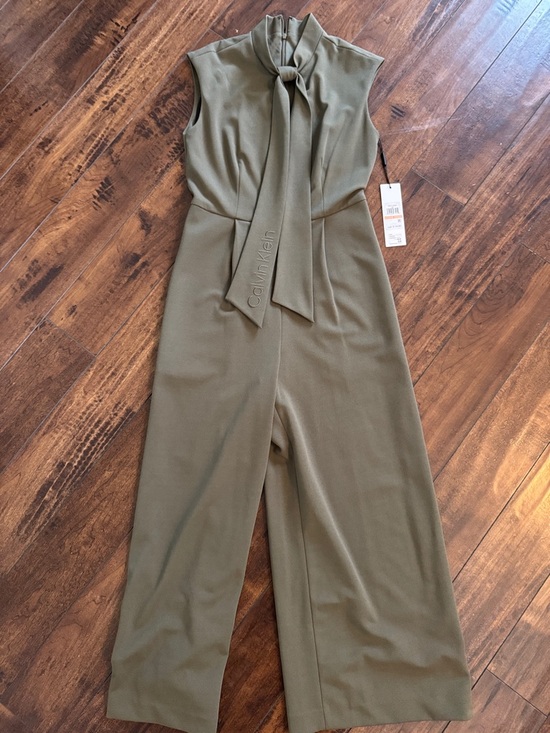 Calvin Klein Pants - Calvin Klein Olive Green Sleeveless Tie-Neck Wide-Leg Jumpsuit